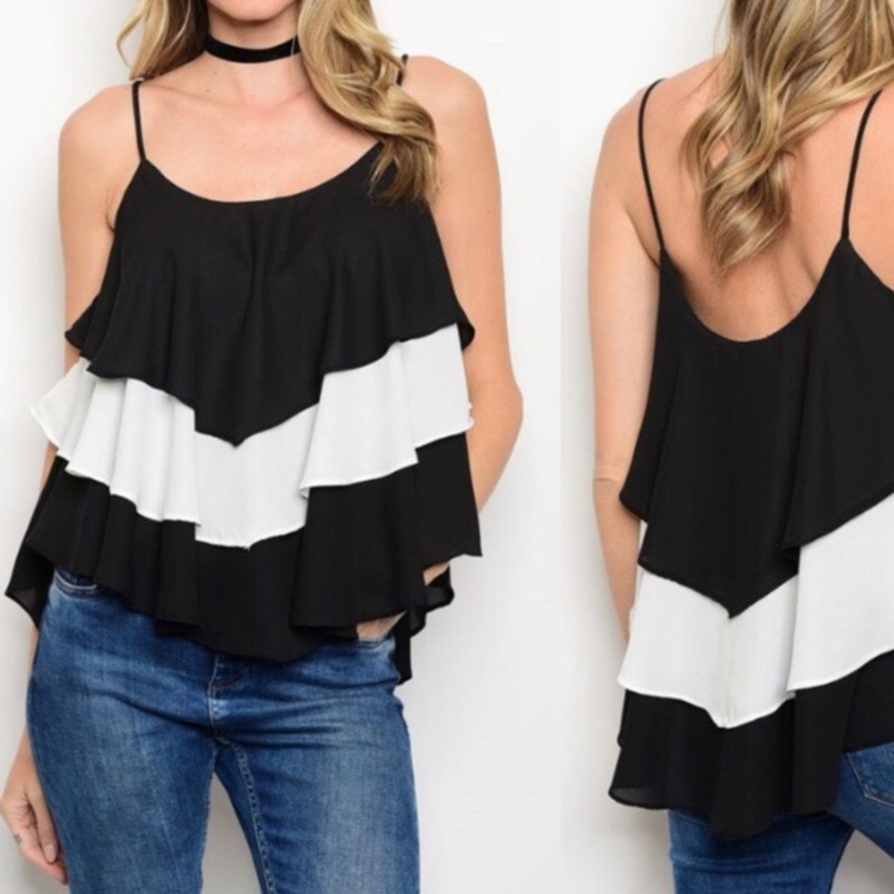 🆕🇺🇸 Black & White Tiered Chiffon Ruffle Top